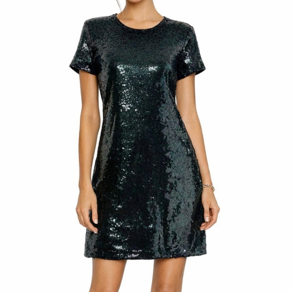 Guess Sequin Dress 8 Green Cocktail Short Sleeve Party Classic